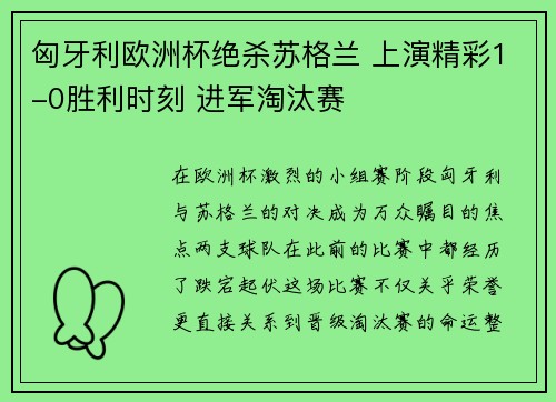 匈牙利欧洲杯绝杀苏格兰 上演精彩1-0胜利时刻 进军淘汰赛