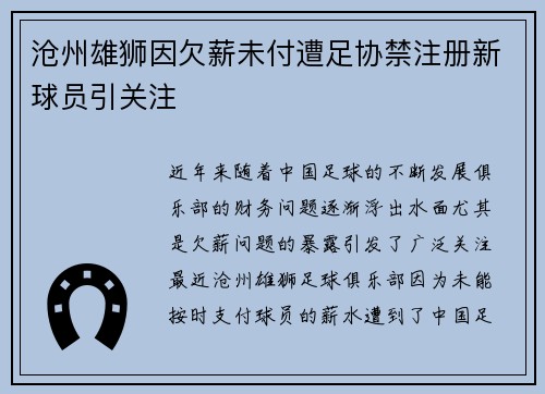 沧州雄狮因欠薪未付遭足协禁注册新球员引关注