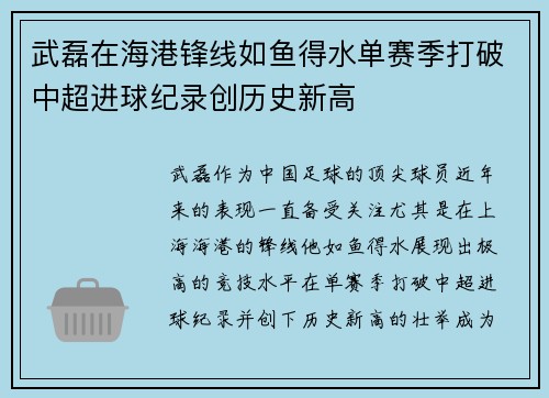 武磊在海港锋线如鱼得水单赛季打破中超进球纪录创历史新高