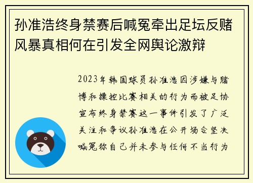 孙准浩终身禁赛后喊冤牵出足坛反赌风暴真相何在引发全网舆论激辩